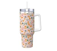 YUBVCF Tazza isolata sottovuoto a doppia parete in acciaio inox con stampa Corgi di piccole dimensioni, 40 once con manico e coperchio in paglia 2 in 1