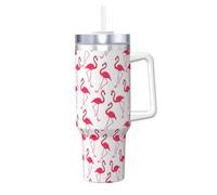YUBVCF Tazza termica a doppia parete in acciaio inox con stampa a fenicottero rosa da 40 once con manico e coperchio con cannuccia 2 in 1