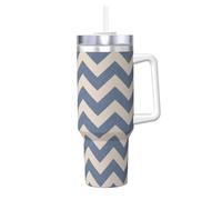 YUBVCF Tazza termica a doppia parete in acciaio inox con stampa a righe blu beige da 40 once con manico e coperchio con cannuccia 2 in 1