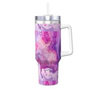 YUBVCF Tazza termica a doppia parete in acciaio inox con stampa colorata viola in marmo da 40 once con manico e coperchio in paglia 2 in 1