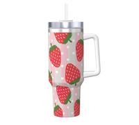 YUBVCF Tazza termica a doppia parete in acciaio inox con stampa di fragole da 40 once con manico e coperchio con cannuccia 2 in 1