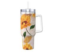 YUBVCF Tazza termica a doppia parete in acciaio inox con stampa di girasole da 40 once con manico e coperchio con cannuccia 2 in 1