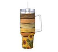 YUBVCF Tazza termica a doppia parete in acciaio inox con stampa di girasole da 40 once con manico e coperchio con cannuccia 2 in 1