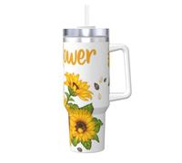 YUBVCF Tazza termica a doppia parete in acciaio inox con stampa di girasole da 40 once con manico e coperchio con cannuccia 2 in 1