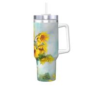 YUBVCF Tazza termica a doppia parete in acciaio inox con stampa di girasole da 40 once con manico e coperchio in paglia 2 in 1