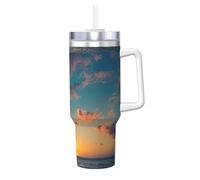 YUBVCF Tazza termica a doppia parete in acciaio inox con stampa tramonto in mongolfiera da 40 once con manico e coperchio con cannuccia 2 in 1