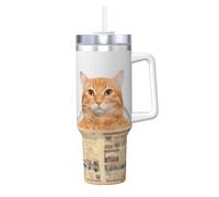 YUBVCF Tazza termica a doppia parete in acciaio inox da 40 once con stampa di gattini e giornali di lettura, con manico e coperchio con cannuccia 2 in 1
