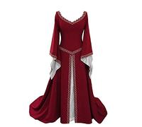 YUDATPG Abito medievale svasato a maniche lunghe rinascimentale abito da donna chemise contadina costume di Halloween fata abito gotico camicia da notte vestire, Rosso, XXL