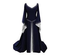 YUDATPG Abito medievale svasato a maniche lunghe rinascimentale da donna, sottoveste da contadina, costume per Halloween, fata gotica, camicia da notte (as8, alfa, m, regolare, blu scuro)