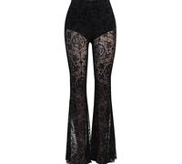 YUDATPG Pantaloni da donna con fondo a campana in pizzo leggings svasati tinta unita pieghettato a vita alta maglia velata gotico punk hippie scava fuori, Nero , L