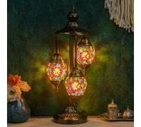 YUDIZWS Lampada da tavolo marocchina con 3 globi turchi, con base in bronzo, altezza 58,4 cm, realizzata a mano, in vetro colorato Tiffany, lampada da notte con lampadina a LED per soggiorno e camera