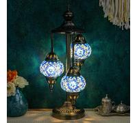 YUDIZWS Lampada da tavolo marocchina con 3 globi turchi, con base in bronzo, altezza 58,4 cm, realizzata a mano, in vetro colorato Tiffany, lampada da notte con lampadina LED per soggiorno e camera da