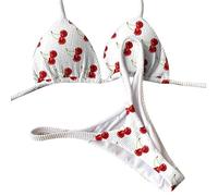 YUECIBAI Costume da Bagno Bikini Costume da Bagno con Stampa Costume da Bagno da Donna Costume da Bagno con Stampa Costume da Bagno Perizoma con Stampa Ciliegia Sexy Alto per Donna S Bianco