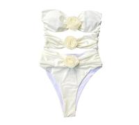 YUECIBAI Costume da Bagno Bikini Costume da Bagno Intero Plissettato Elegante con Spalle Scoperte con Decorazioni Floreali 3D Design Senza Schienale per Donna per Lady S Beige