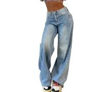 YUECIBAI Jeans Pantaloni Jeans Dritti Vintage da Donna Pantaloni di Jeans Larghi Casual A Vita Alta Pantaloni Larghi Comodi da Donna M Blu