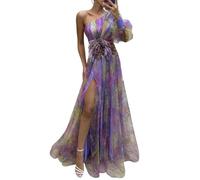 YUECIBAI Vestito Abito Dress Abito da Sera Elegante da Donna Abito da Ballo con Monospalla A Strati con Stampa Floreale Tie-Dye in Rete Rosa con Orlo Diviso L Viola