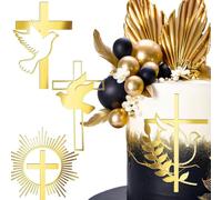 YUEcthynous Decorazione per torte per comunione, 4 pezzi, decorazione per torte in acrilico, con brillantini dorati e croce, spirito santo, per torte, decorazioni fai da te, battesimi, decorazioni per