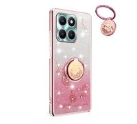 YUECXIN Cover Glitter per Honor X6c 4G, Trasparente Bling Brillantini Donna Custodia, Ultra Sottile Molle Antiurto TPU Silicone Fiori Anello Supporto Case. Rosa