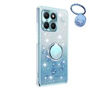 YUECXIN Cover Glitter per Honor X6c 4G, Trasparente Bling Brillantini Donna Custodia, Ultra Sottile Molle Antiurto TPU Silicone Fiori Anello Supporto Case. Blu