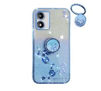 YUECXIN Cover Glitter per Motorola Moto E13 4G, Trasparente Bling Brillantini Donna Custodia, Ultra Sottile Molle Antiurto TPU Silicone Fiori Anello Supporto Case. Blu