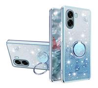 YUECXIN Cover Glitter per OPPO A6X 4G / 5G, Trasparente Bling Brillantini Donna Custodia, Ultra Sottile Molle Antiurto TPU Silicone Fiori Anello Supporto Case. Blu