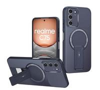 YUECXIN Silicone Cover per Realme C75 4G/Realme 14X 5G, Morbida Opaca Antiurto 360° Magnetico Anello Fibra di Carbonio Custodia con Supporto Girevole Nascosto, Blu