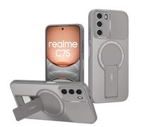 YUECXIN Silicone Cover per Realme C75 4G/Realme 14X 5G, Morbida Opaca Antiurto 360° Magnetico Anello Fibra di Carbonio Custodia con Supporto Girevole Nascosto, Grigio
