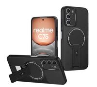 YUECXIN Silicone Cover per Realme C75 4G/Realme 14X 5G, Morbida Opaca Antiurto 360° Magnetico Anello Fibra di Carbonio Custodia con Supporto Girevole Nascosto, Nero