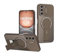 YUECXIN Silicone Cover per Realme C75 4G/Realme 14X 5G, Morbida Opaca Antiurto 360° Magnetico Anello Fibra di Carbonio Custodia con Supporto Girevole Nascosto, Marrone