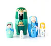 YUEHISY Bambole Russe con Nido Presepe in Legno Set 5 Strati | 5 strati annidati con motivi a tema Natività, Legno levigato e dipinto a mano, La bambola più grande misura circa 14,5x7,1 cm