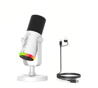 YUEHISY Microfono per Streaming di Giochi per Creatori, Microfono Dinamico a Condensatore USB, Controllo Touch, Regolazione Eco, Cancellazione Rumore ENC, Illuminazione RGB (WHITE)