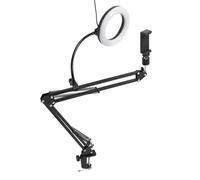 YUEHISY Ring Light con Supporto Telefono Sopraelevato Braccio Articolato | Rotazione di 360 gradi con testa a sfera, 3 colori con luminosità del controller via cavo, carico massimo 1,5 kg per