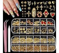 Yuelulala Kit di ciondoli per unghie in oro 3D, oltre 3000 pezzi, accessori per nail art dorati, strass, ciondoli per design delle unghie, accessori per la progettazione delle unghie, pinzette