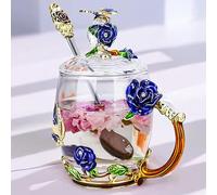 YUEMING Tazza da tè in vetro trasparente con coperchio, tazza da caffè con cucchiaio, tazza da caffè con manico, tazze da caffè da tè farfalla rosa bel regalo (blu + 320 ml)