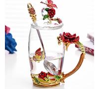 YUEMING Tazza di tè in vetro trasparente con coperchio, tazza da caffè con cucchiaio, tazza con manico, tazze da caffè da tè a farfalla rosa bel regalo (rosso + 350 ml)