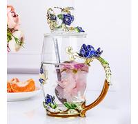 YUEMING Tazza di tè in vetro trasparente con coperchio, tazza da caffè con cucchiaio, tazza con manico, tazze da caffè da tè farfalla rosa bel regalo (blu + 350 ml)