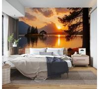 YueMingDi 3D Carta da Parati Cime Lago Tramonto Pini Cielo Dorato Riflessi | Murales Creativi e Moderni Per la Casa Studio Soggiorno Camera da Letto Divano Sfondi Decorazioni Murali di Lusso-250cm×170cm