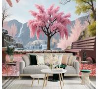 YueMingDi 3D Carta da Parati Parco Alberi Rosa Cascata Vette Panchina | Murales Creativi e Moderni Per la Casa Studio Soggiorno Camera da Letto Divano Sfondi Decorazioni Murali di Lusso-150cm×105cm