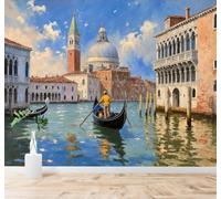 YueMingDi 3D Carta da Parati Retro Architettura Fiume Barchetta Paesaggio | Murales Creativi e Moderni Per la Casa Studio Soggiorno Camera da Letto Divano Sfondi Decorazioni Murali di Lusso-250cm×170cm