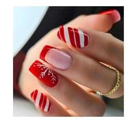 YUEMOL unghie natale 24 Pcs Glossy Short T-shaped Christmas Press On Nails， Red French Glitter False Nails Artificial Finger Nails(Red)