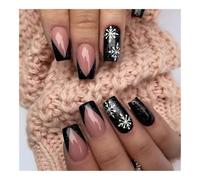 YUEMOL unghie natale 24 Pcs Glossy Short T-shaped Christmas Press On Nails， Red French Glitter False Nails Artificial Finger Nails(Black)