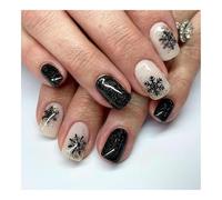 YUEMOL unghie natale 24Pcs Black&White Snowflake Christmas Press-On Nails, Glitter Short Square Full Cover Acrylic Nail Tips for Women&girls Nail Art(A)