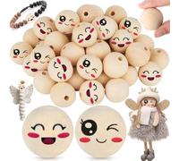 Yueser 30mm Palline di Legno Con Faccine Sorridente, 30 Pezzi Sfere Rotonde Con Foro per Lavoretti, Perline Naturali Grandi per Testa di Bambola