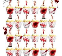 Yueser Halloween Cupcake Wrapper,Halloween Cupcake Topper,Cupcake Toppers Wrappers,Orrore Cupcake Toppers Involucri Torta Festa Decorazione per Torta Horror Pirottini Muffin Mani Insanguinate 24 Paia