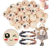 Yueser Palline di Legno con Faccine Sorridente, 30 Pezzi Sfere Rotonde 30mm con Foro per Lavoretti, Perline Naturali Grandi per Testa di Bambola (1)