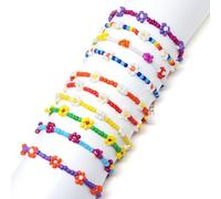 yueton Set di 10 braccialetti colorati con perline di riso, regolabili, stile bohémien, con margherite, graziosi braccialetti fatti a mano, per donne, spiaggia, estate