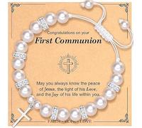YUEXNKO Bracciale di Perle e Croce, Regali per la Prima Comunione per Ragazza, Comunione Bracciale, Braccialetto Regolabile, per Ragazze Regalo di Battesimo