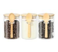 YUEYEE Meal Prep,Contenitore in Vetro con Coperchio e Cucchiaio,Set di Barattoli per Tè,Caffè e Zuccheriera, con Coperchio,Ermetici per Spezie,3 Barattoli da 600ml con Coperchio in Legno