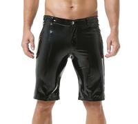 YUFEIDA Pantaloncini da uomo in pelle sintetica in tinta unita, leggings classici effetto bagnato, tasche con cerniera, sportivi, feste, club, costumi collant, Nero brillante., XL