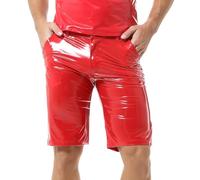 YUFEIDA Pantaloncini da uomo in pelle sintetica in tinta unita, leggings classici effetto bagnato, tasche con cerniera, sportivi, feste, club, costumi collant, Rosso acceso, L